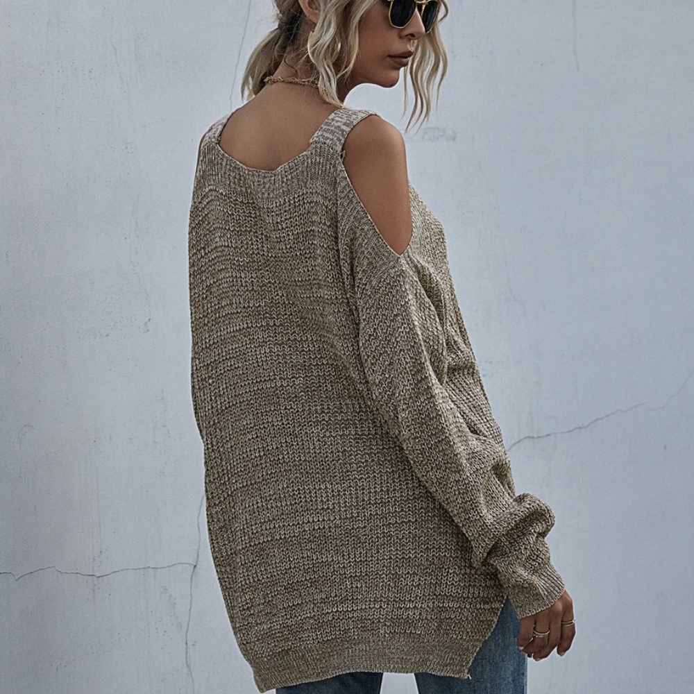 khaki oversized  cold shoulder knit fall sweater - Picture 10 of 11